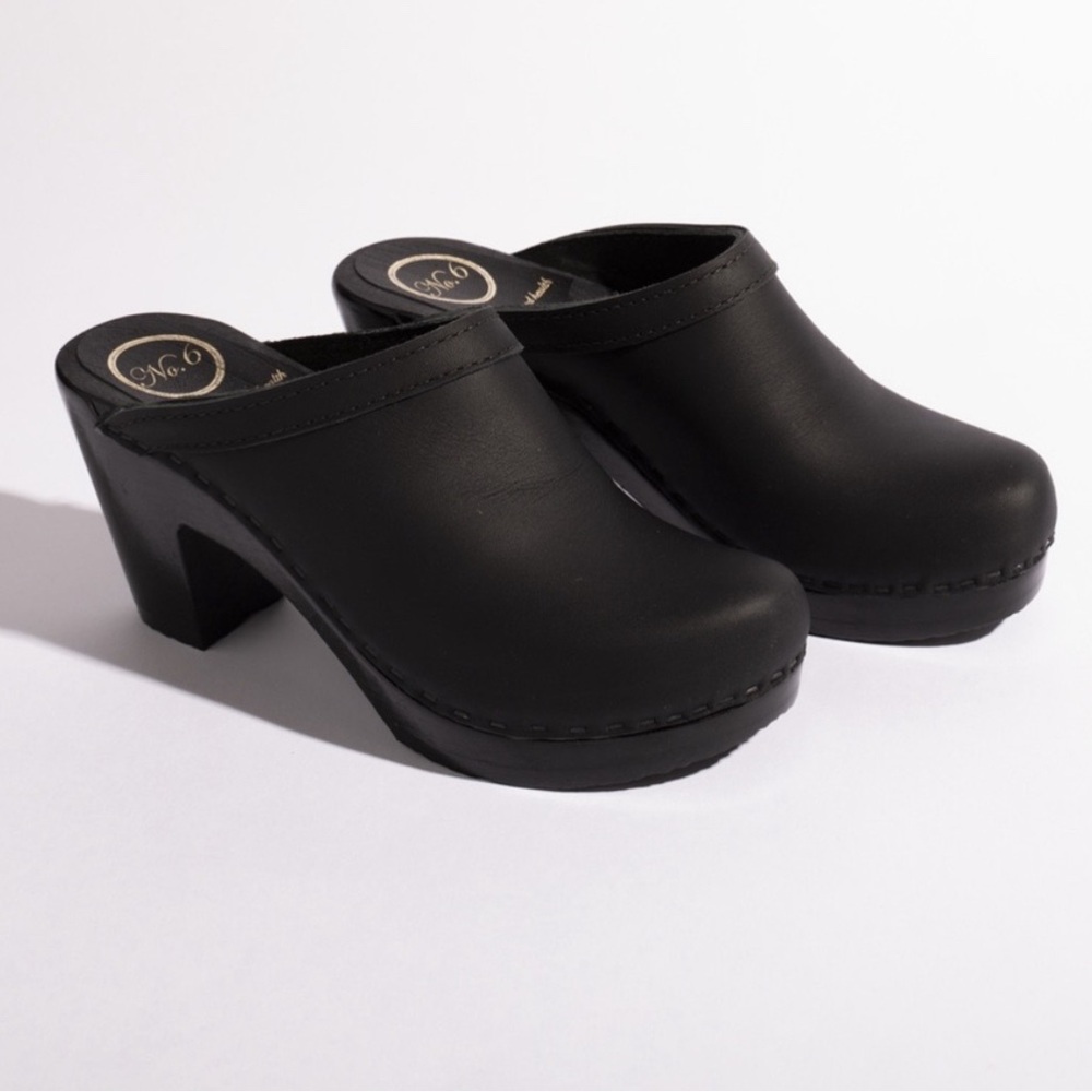 No. 6 old School Black Leather Clog Heels